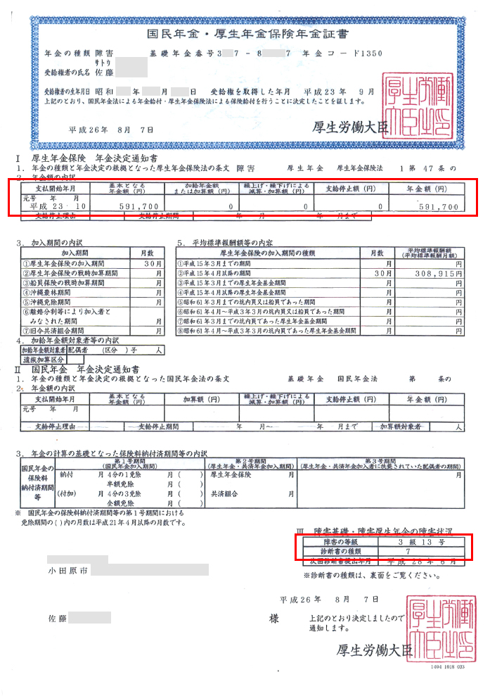 佐藤様の年金証書